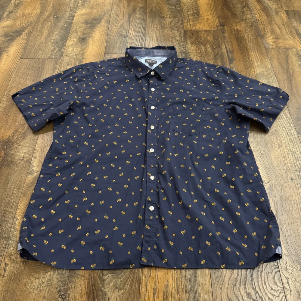 Van Heusen Mens XXL Blue Lemon Print Short Sleeve Button Up Vacation Shirt